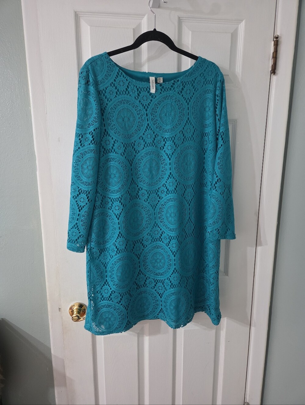 Tacera Turquoise Women's Lined Crochet Shift Dress - Xl
